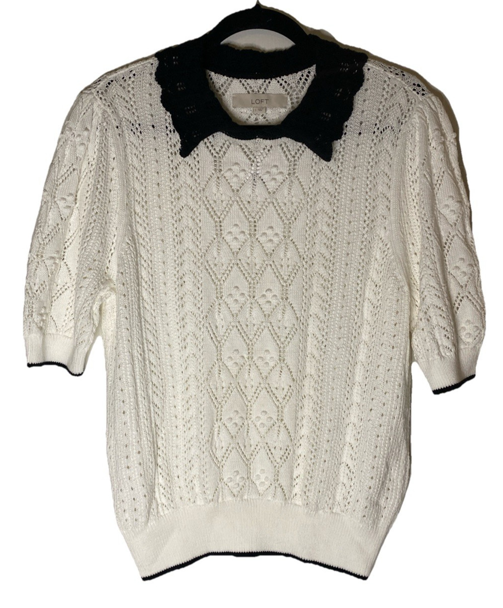 Loft Ivory Open Knit Peter Pan Collar Sweater NWT L Bobble Twee Academia